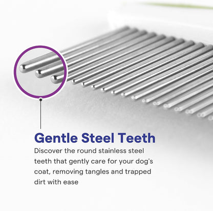 Dog & Cat Comb – Removes Tangles, Knots, and Matted Fur – Grooming Tool with Stainless Steel Teeth and Non-Slip Handle – Best Pet Hair Comb for Home Grooming Kit – Includes Ebook Guide