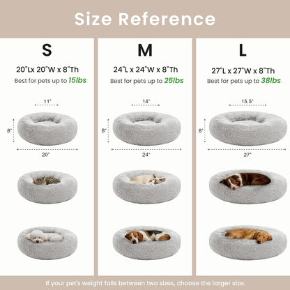 Calming Cat Bed for Indoor Cats, Anti-Anxiety Donut round Dog Bed,Fluffy Faux Fur Washable Pet Bed for Small Medium Dogs and Cats, Grey, 24In