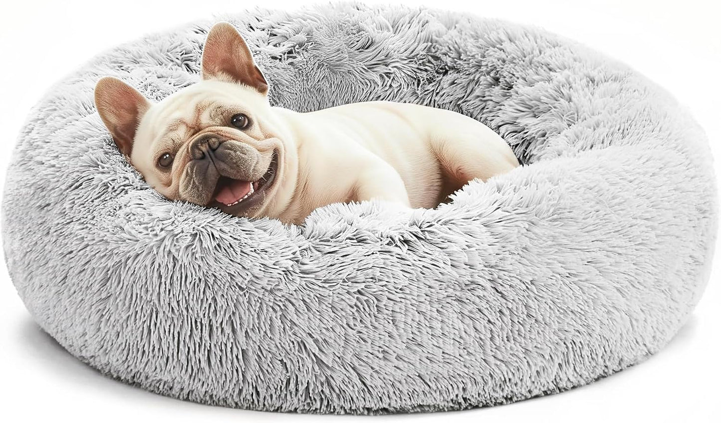 Calming Cat Bed for Indoor Cats, Anti-Anxiety Donut round Dog Bed,Fluffy Faux Fur Washable Pet Bed for Small Medium Dogs and Cats, Grey, 24In