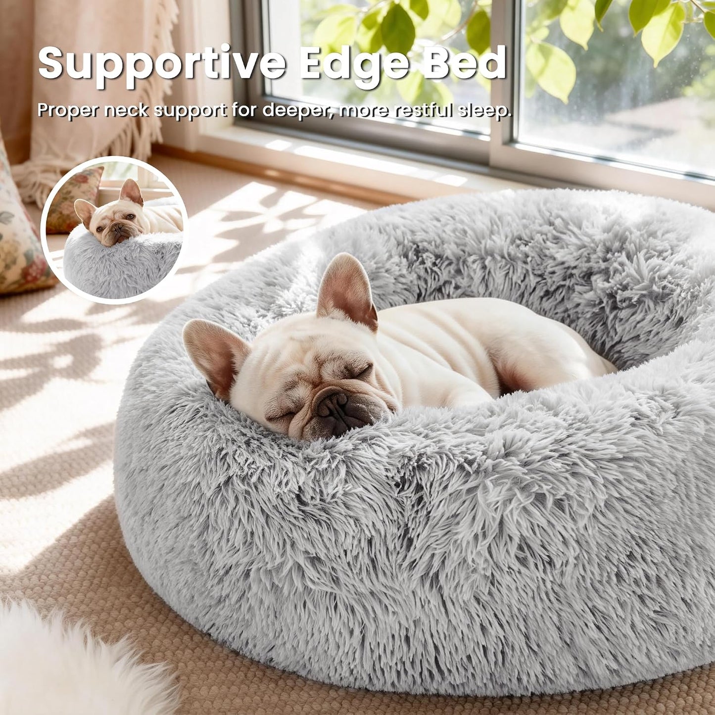 Calming Cat Bed for Indoor Cats, Anti-Anxiety Donut round Dog Bed,Fluffy Faux Fur Washable Pet Bed for Small Medium Dogs and Cats, Grey, 24In