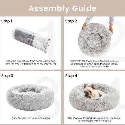 Calming Cat Bed for Indoor Cats, Anti-Anxiety Donut round Dog Bed,Fluffy Faux Fur Washable Pet Bed for Small Medium Dogs and Cats, Grey, 24In