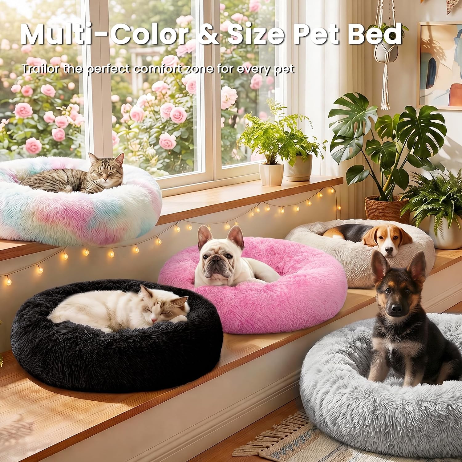 Calming Cat Bed for Indoor Cats, Anti-Anxiety Donut round Dog Bed,Fluffy Faux Fur Washable Pet Bed for Small Medium Dogs and Cats, Grey, 24In