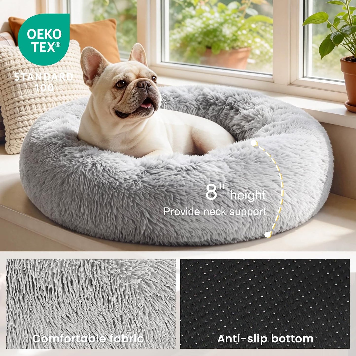 Calming Cat Bed for Indoor Cats, Anti-Anxiety Donut round Dog Bed,Fluffy Faux Fur Washable Pet Bed for Small Medium Dogs and Cats, Grey, 24In